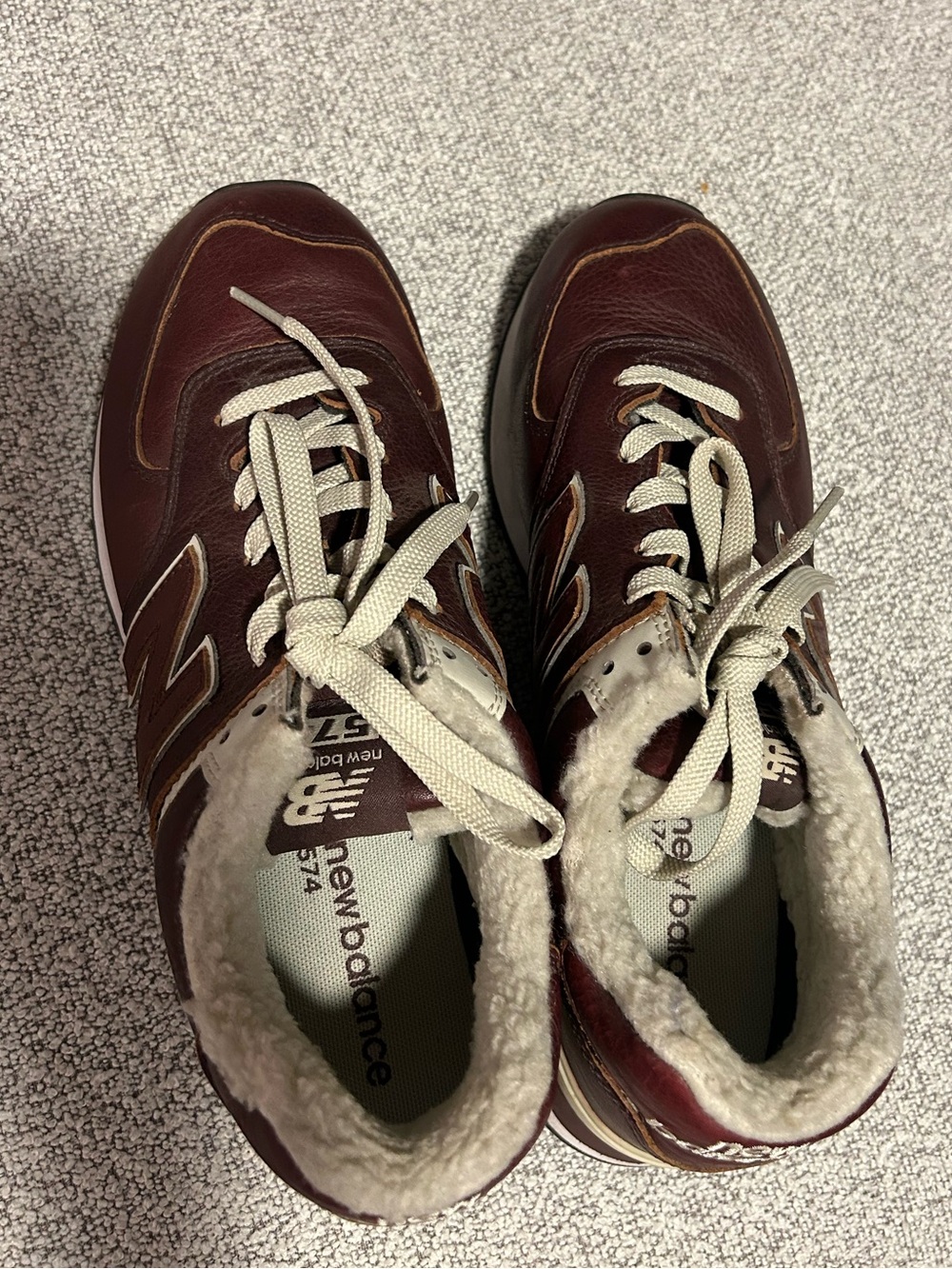 New Balance 574 Brown Burgundy Cream Leather Sneakers with Sherpa - M9 w10.5 - Picture 5 of 8
